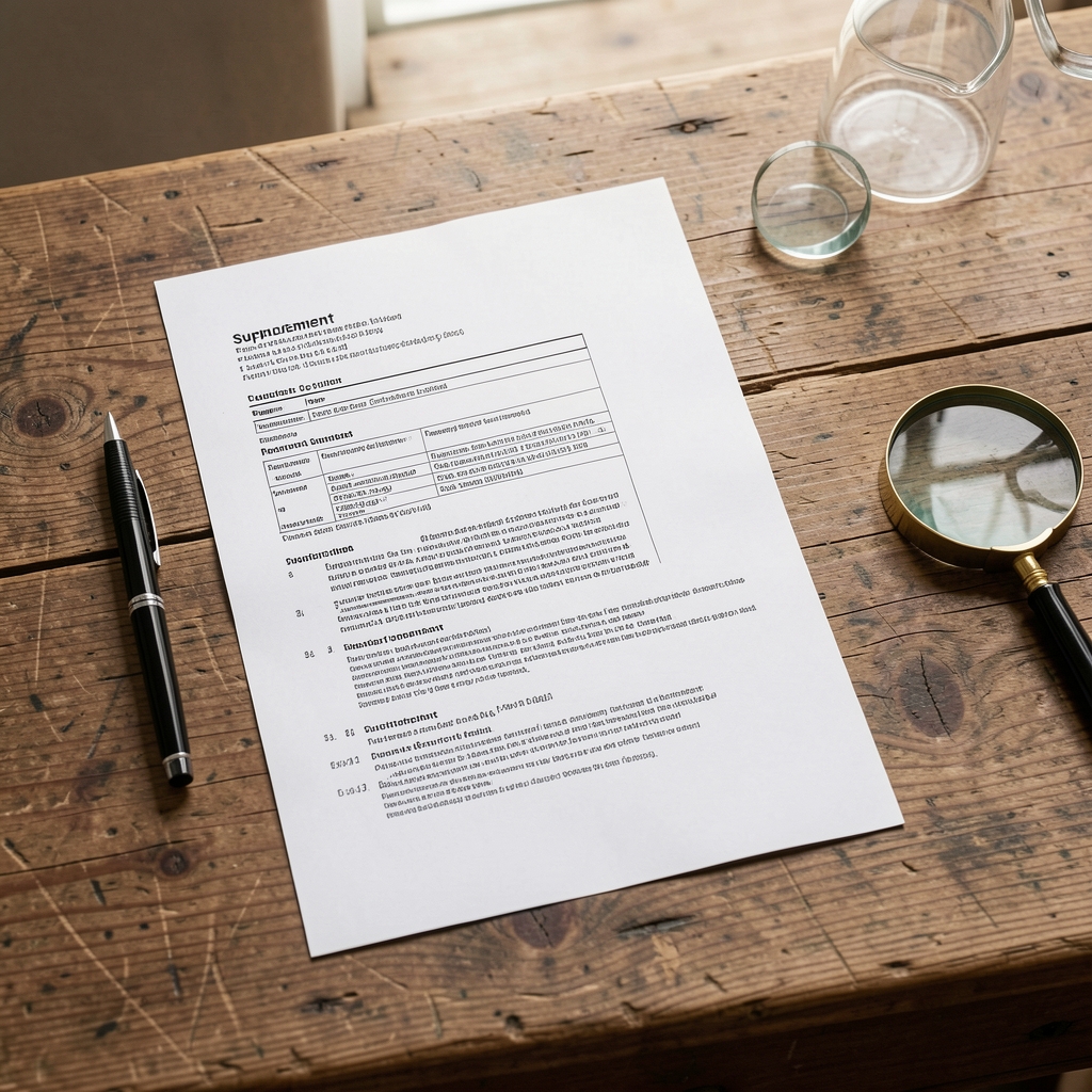 Editorial shot of supplement ingredient documentation laid flat on a worn wooden table with a pen and magnifying glass in a clean workspace