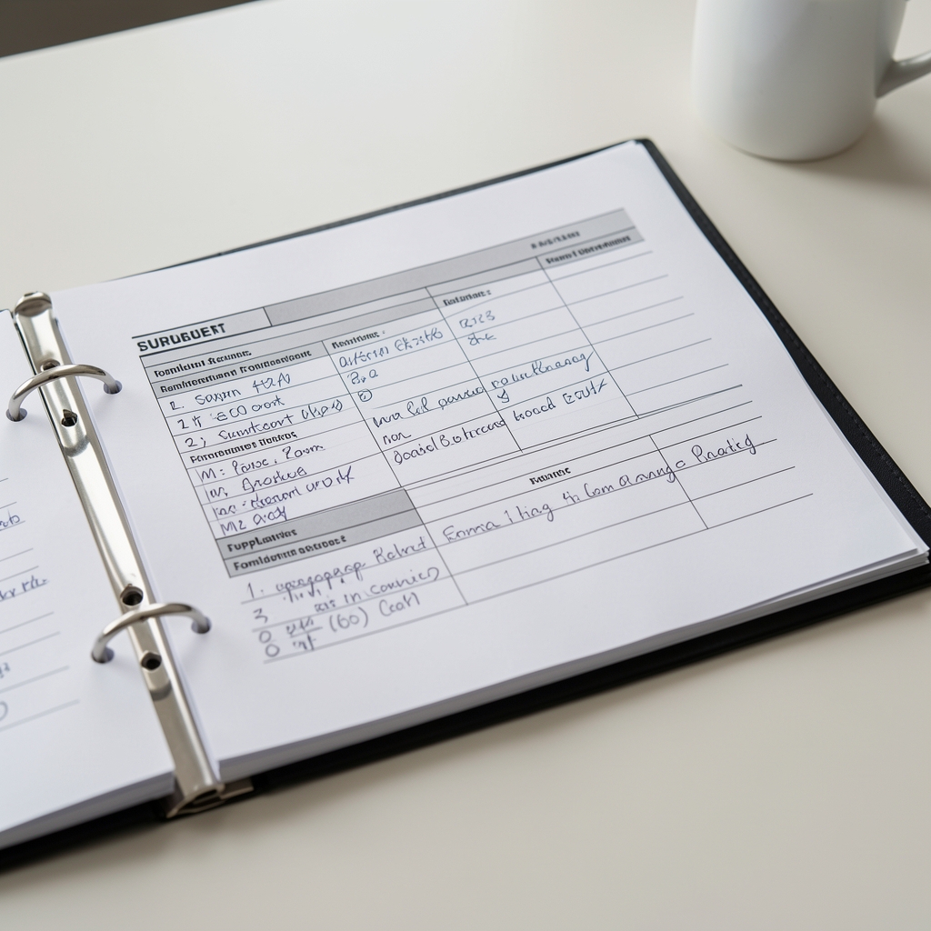 Supplement formulation records in a ring binder with handwritten annotations on a clean workspace surface