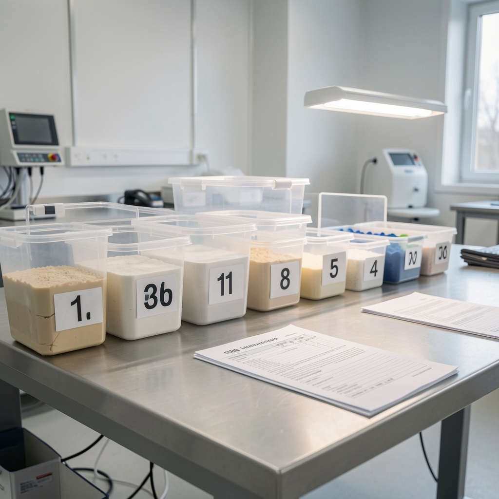 Quality-control bench in a clean workspace with numbered batch containers and documentation sheets under controlled lighting