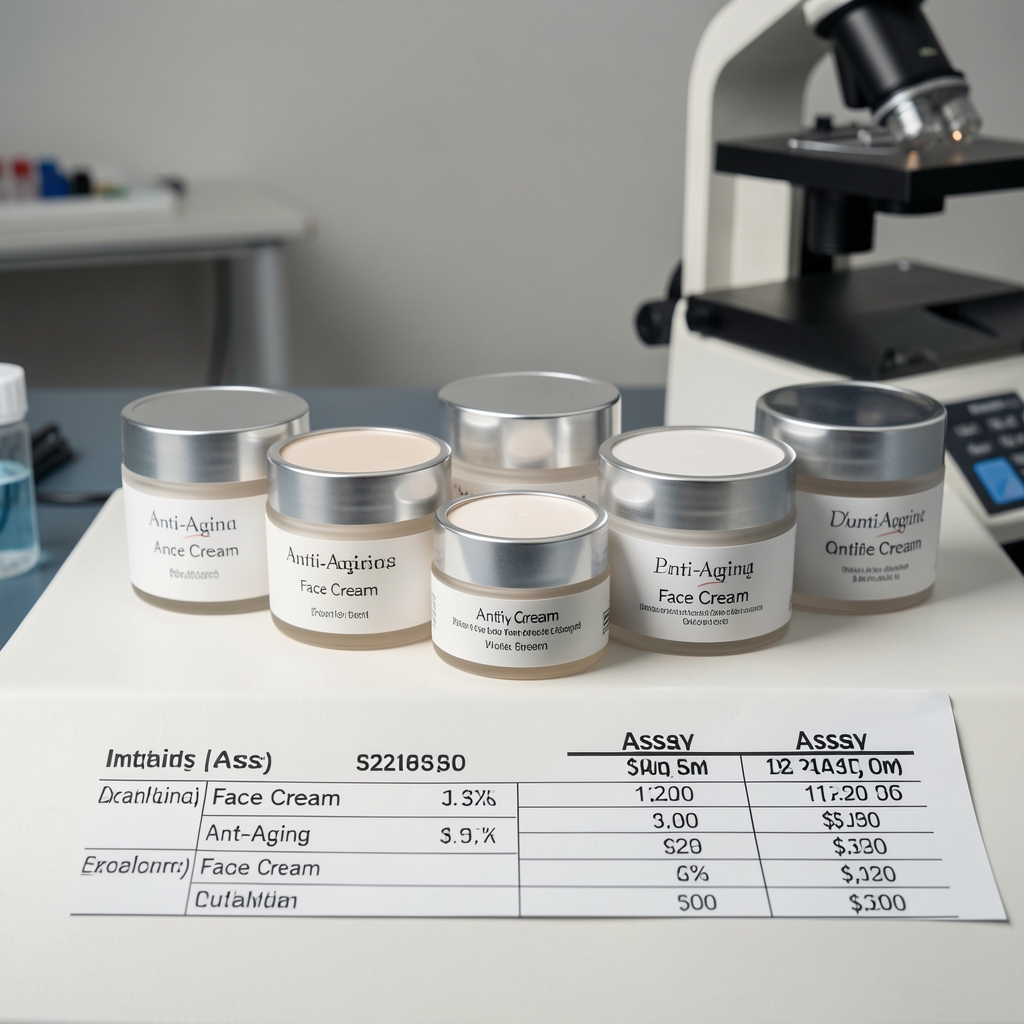 Anti-aging face cream sample jars arranged on a quality-control surface with ingredient assay results under controlled studio lighting