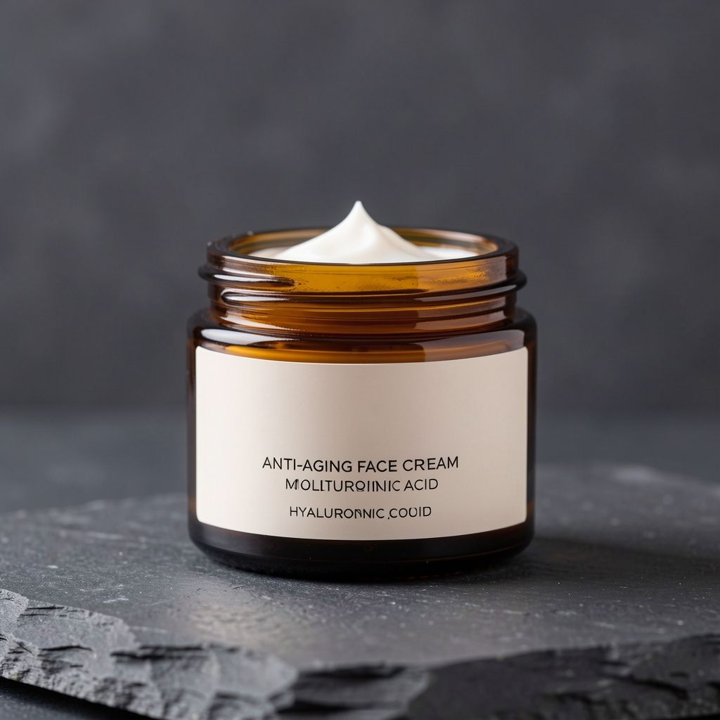 Anti-aging face cream moisturising product with collagen and hyaluronic acid formula in minimalist amber jar photographed on dark stone surface