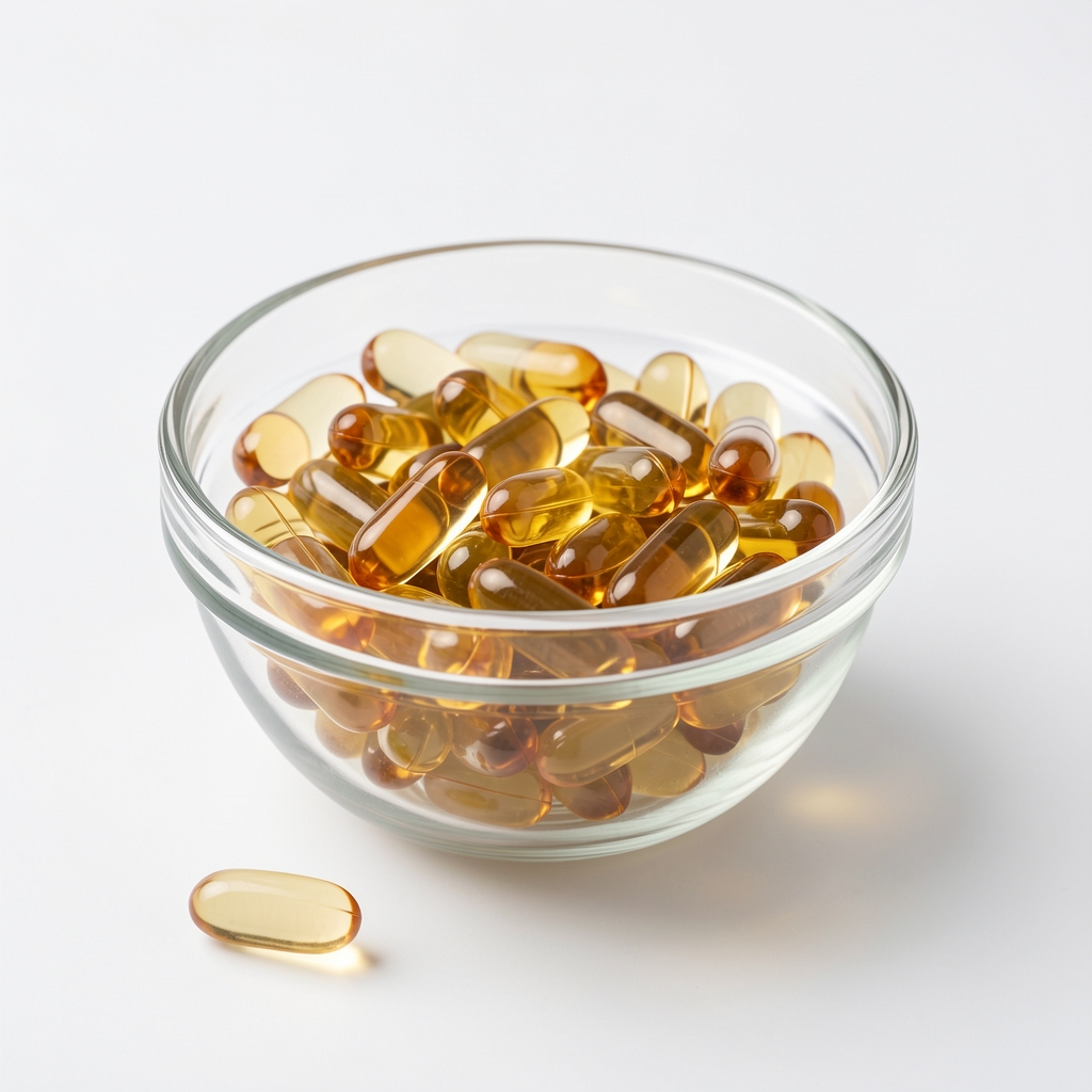 Omega-3 fish oil supplement capsules in a glass bowl with a softgel on clean white surface under bright controlled lighting
