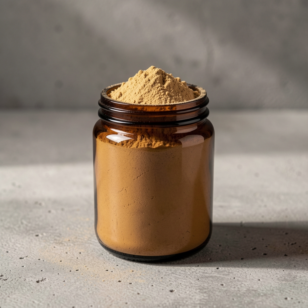 Probiotic and prebiotic supplement powder in a dark amber jar photographed on a textured concrete surface under directional studio lighting
