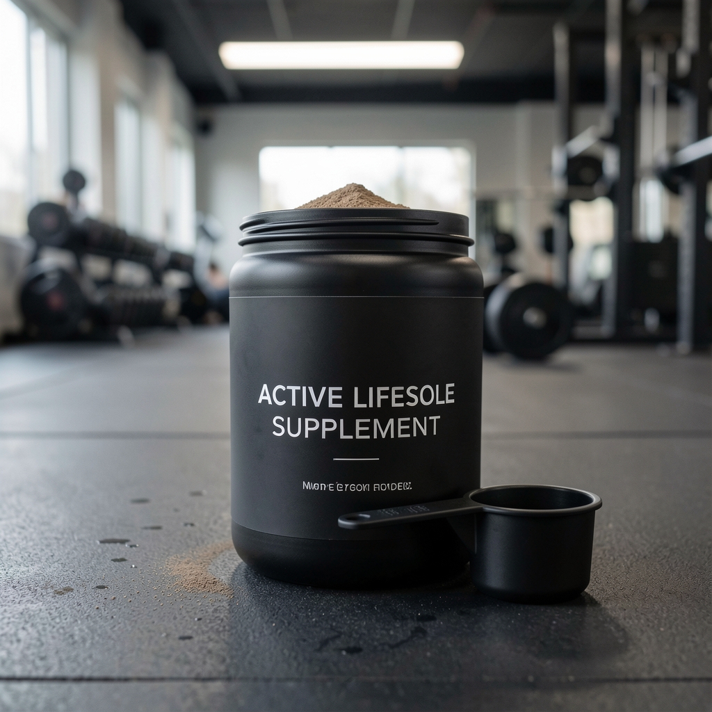 Active lifestyle supplement powder in a matte black tub with measuring scoop on a gym floor surface under soft overhead lighting