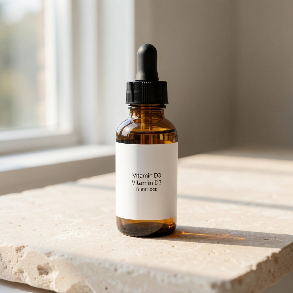 Vitamin D3 supplement in amber glass dropper bottle on a light-coloured stone surface with natural window light