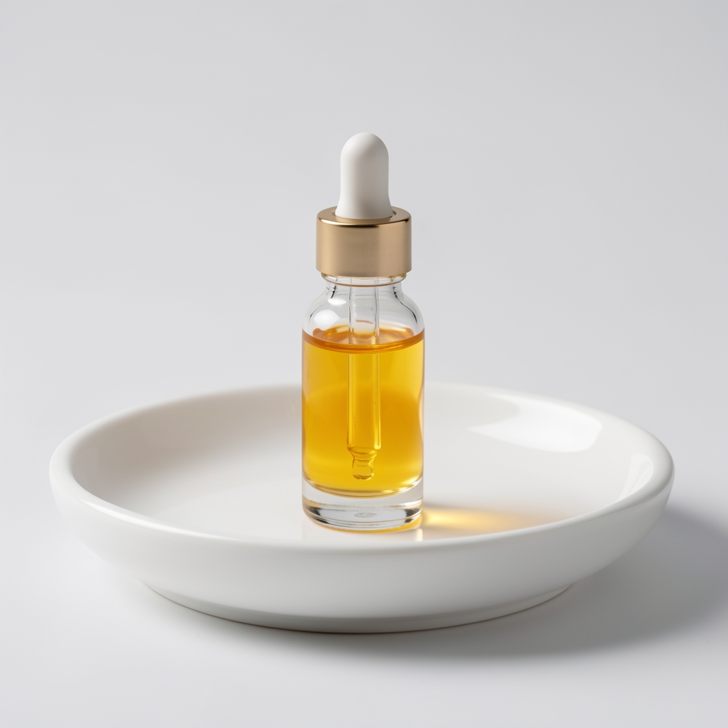 Vitamin C brightening serum in a small glass dropper bottle on a clean white ceramic dish under soft even studio lighting